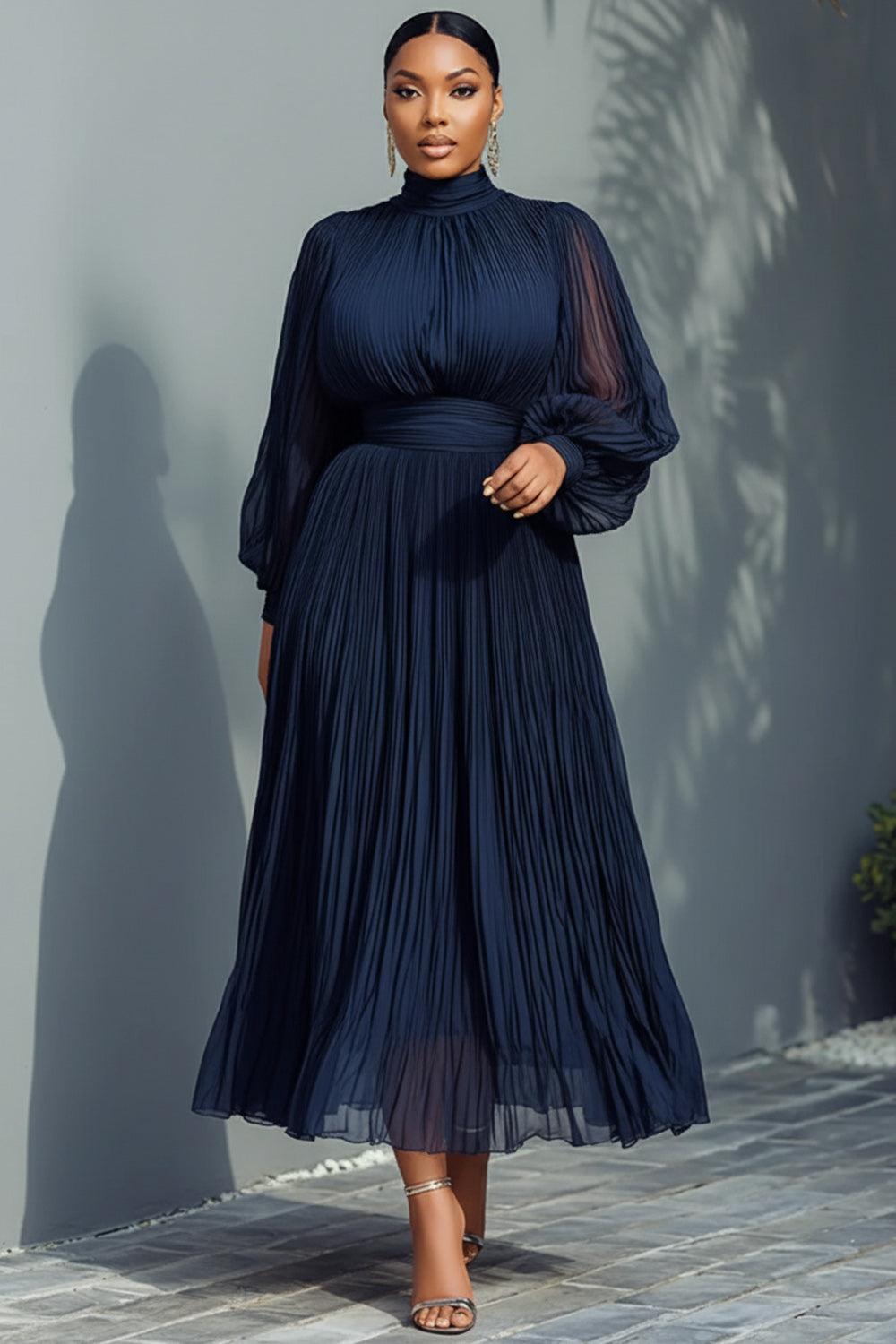Navy Blue Mock Neck Lantern Sleeve Long Sleeve See Through Elegant Ruffled Midi Dresses
