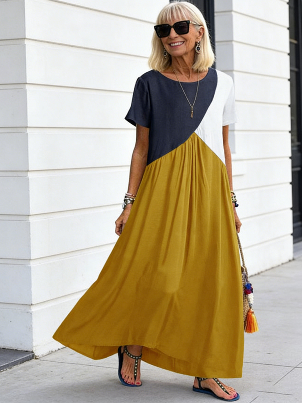 Splicing Short Sleeve Dress Long Dress
