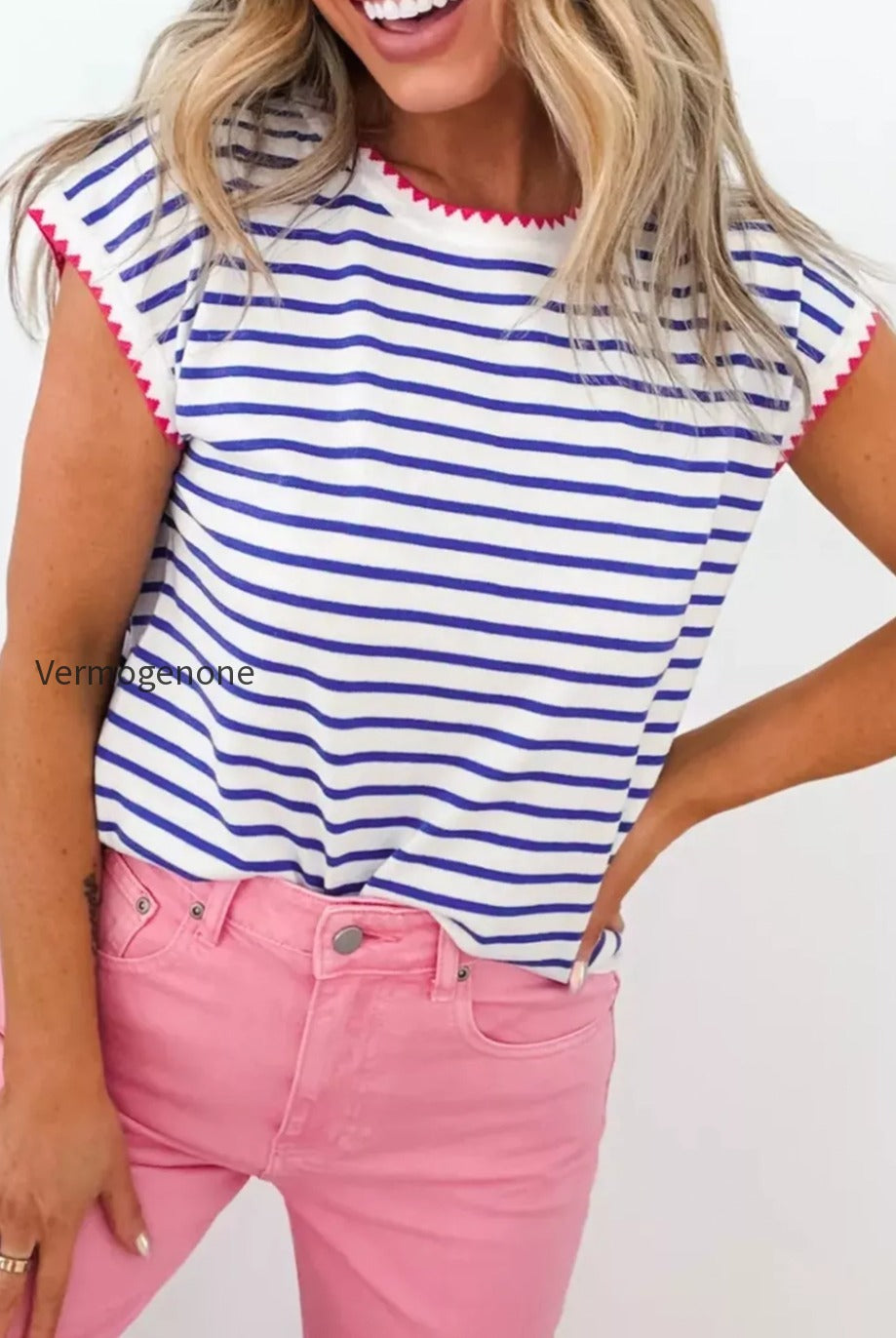 stripe-contrast-trim-round-neck-cap-sleeve-tee