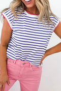 stripe-contrast-trim-round-neck-cap-sleeve-tee