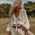 Linen Embroidered V-Neck Blouse For Women Boho Style Loose Fit Top With Floral Lace Detailing