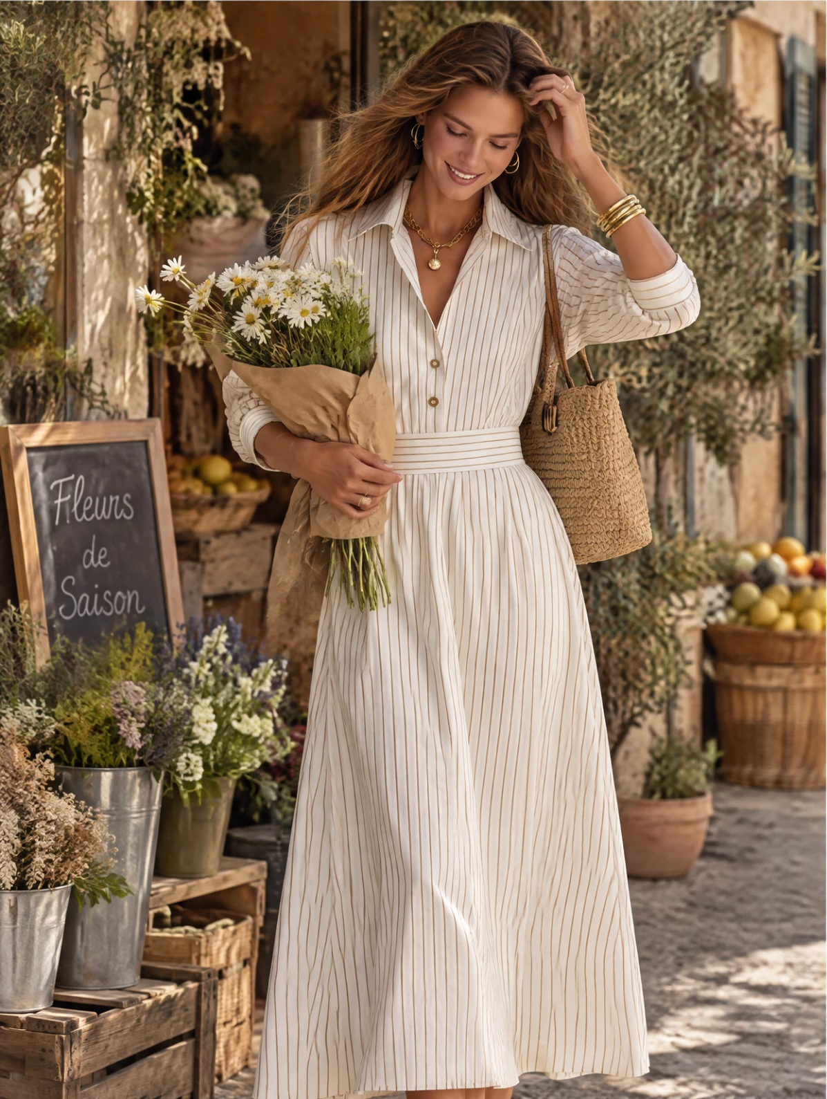 Resort-style Long-sleeve Striped Collared Midi Dress