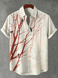 Men's Red Branch And Blackbird Print Linen Blend Short-sleeved Shirt