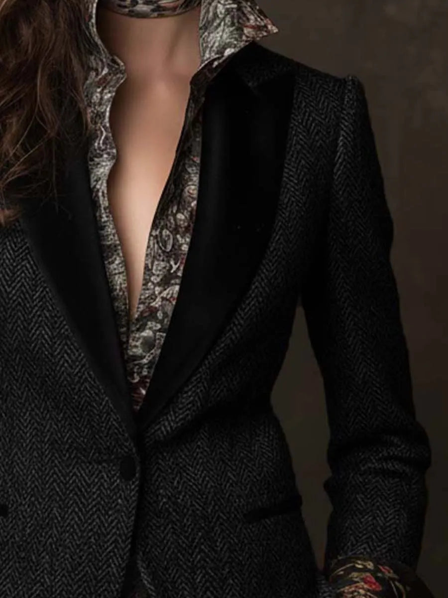 Chenille Herringbone Blazer With Velvet Lapels And Floral Contrast Cuffs