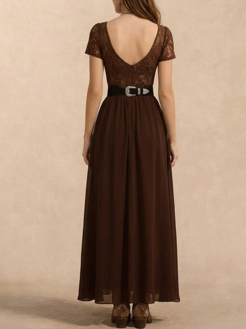 Perfect for Ranch Photoshoots or Outdoor Weddings — Caramel Brown Deep V-Neck Lace & Chiffon High-Slit Premium Fabric Boho Chic Maxi Dress
