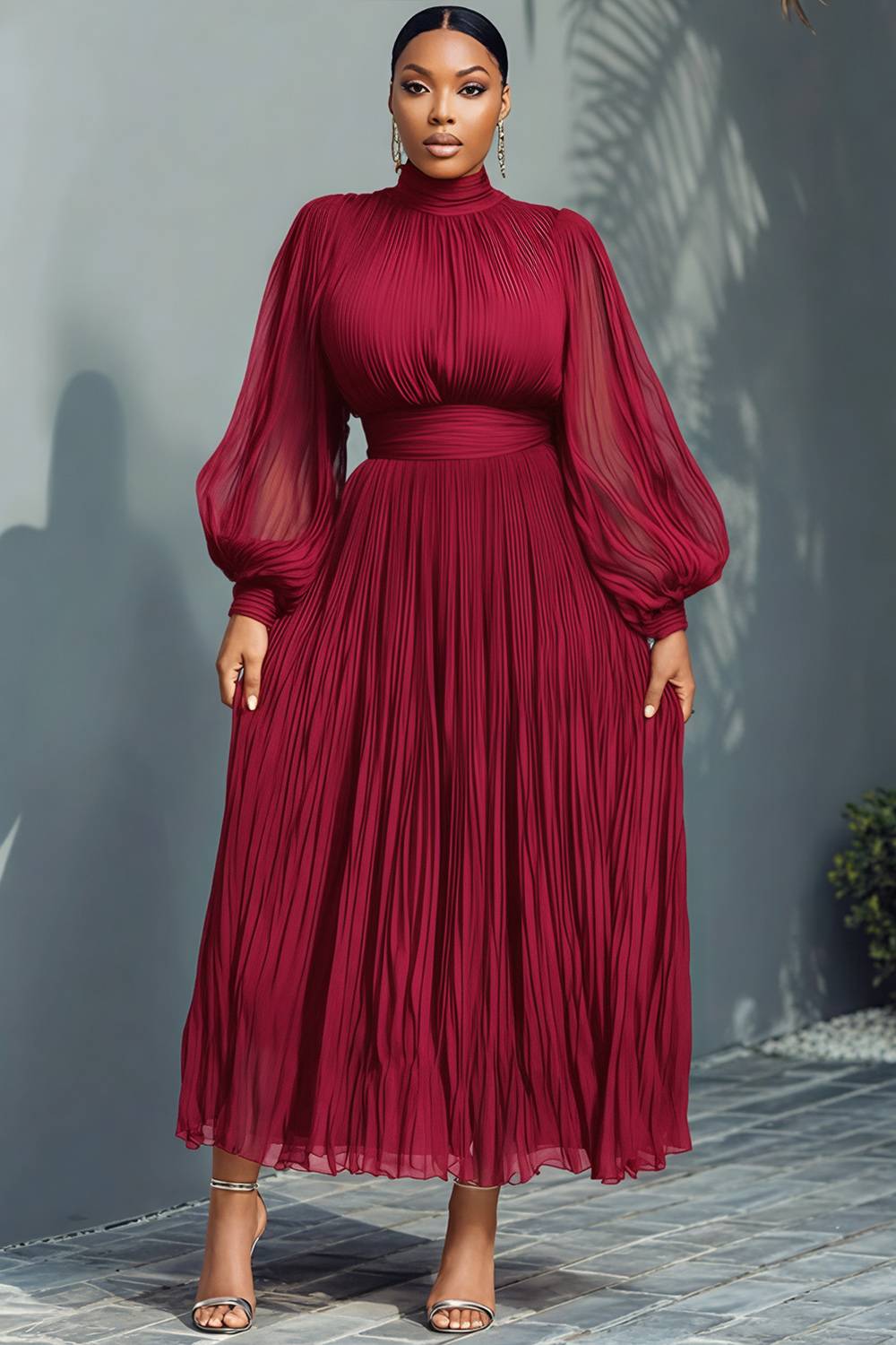 Navy Blue Mock Neck Lantern Sleeve Long Sleeve See Through Elegant Ruffled Midi Dresses
