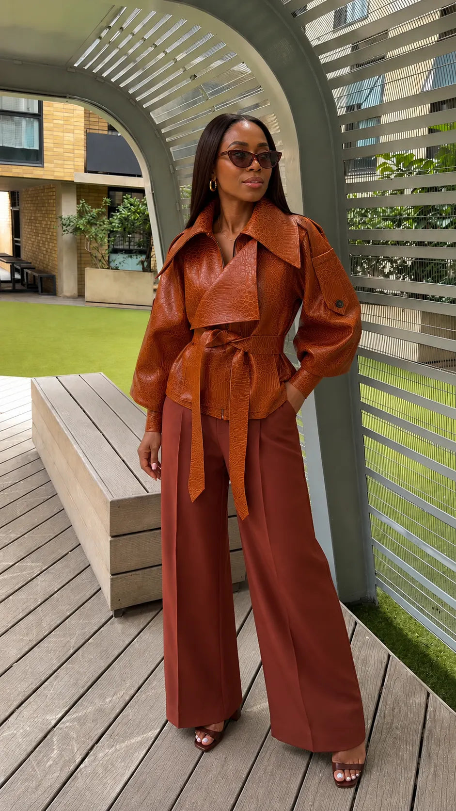 Croc‐Embossed Faux Leather Belted Wrap Jacket