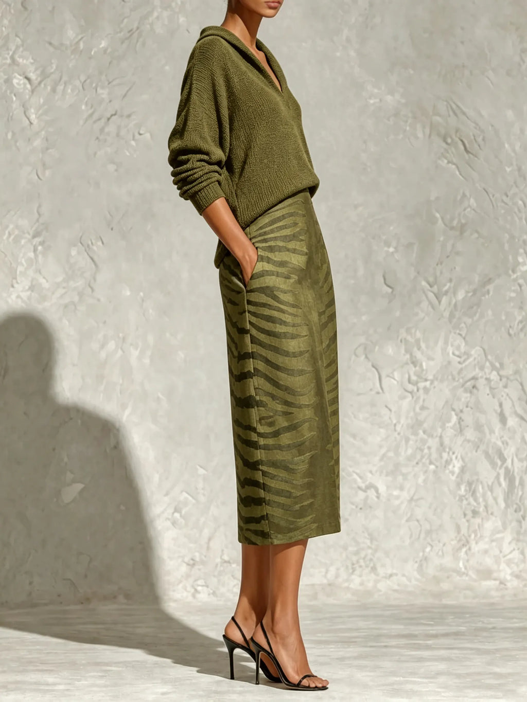 Olive Green Collar Knit Top And Zebra Linen Midi Skirt Two‑Piece Set
