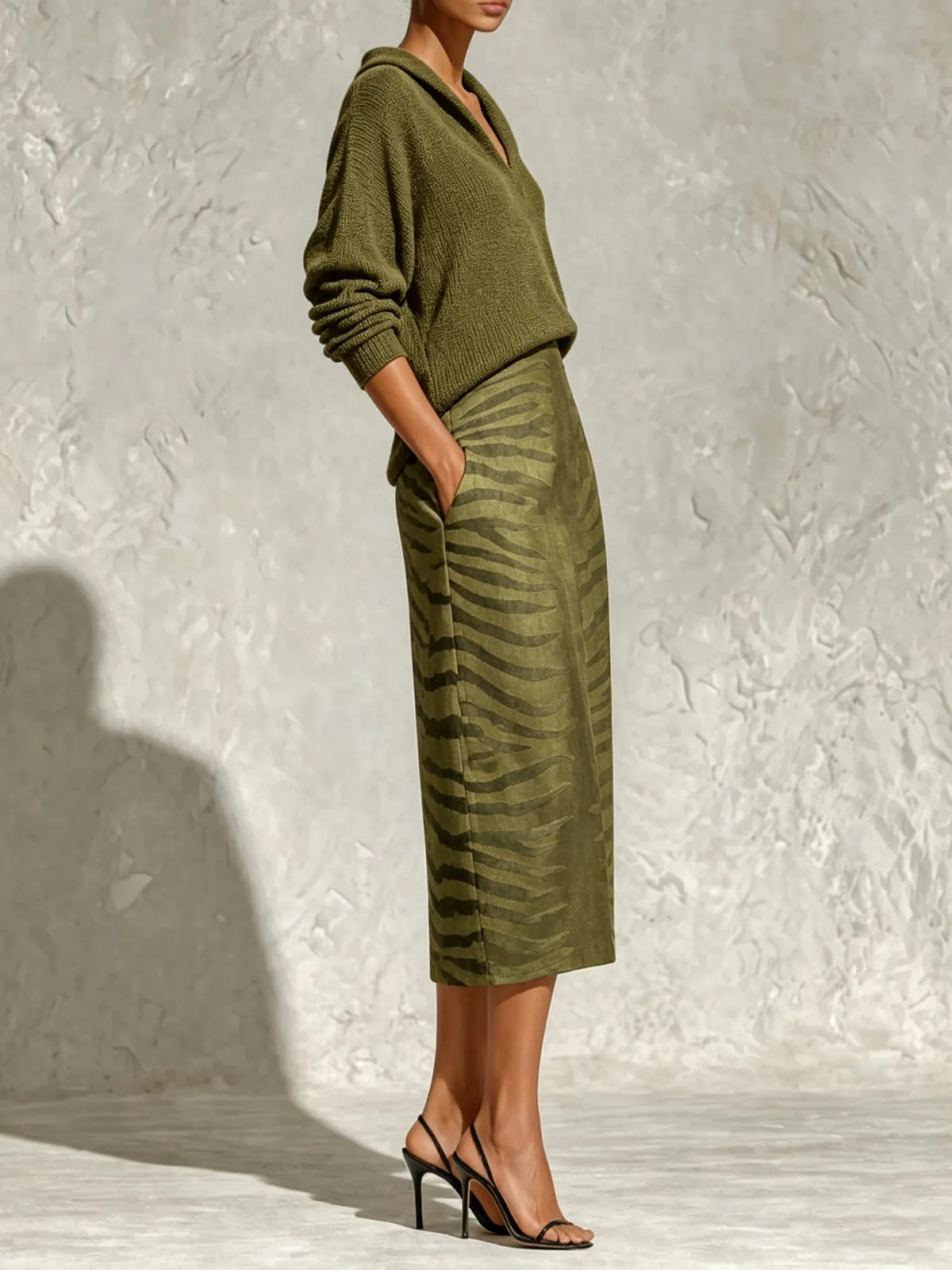 Olive Green Collar Knit Top And Zebra Linen Midi Skirt Two‑Piece Set