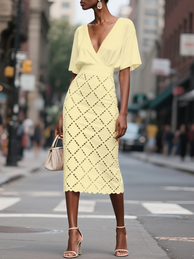 White Hollow Out Plaid Classic V Neck Short Sleeve Sheath Midi Dress
