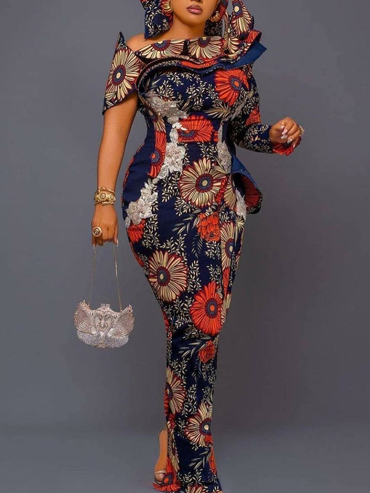 Round-Neck Floral Printed Asymmetric Falbala Maxi Dress
