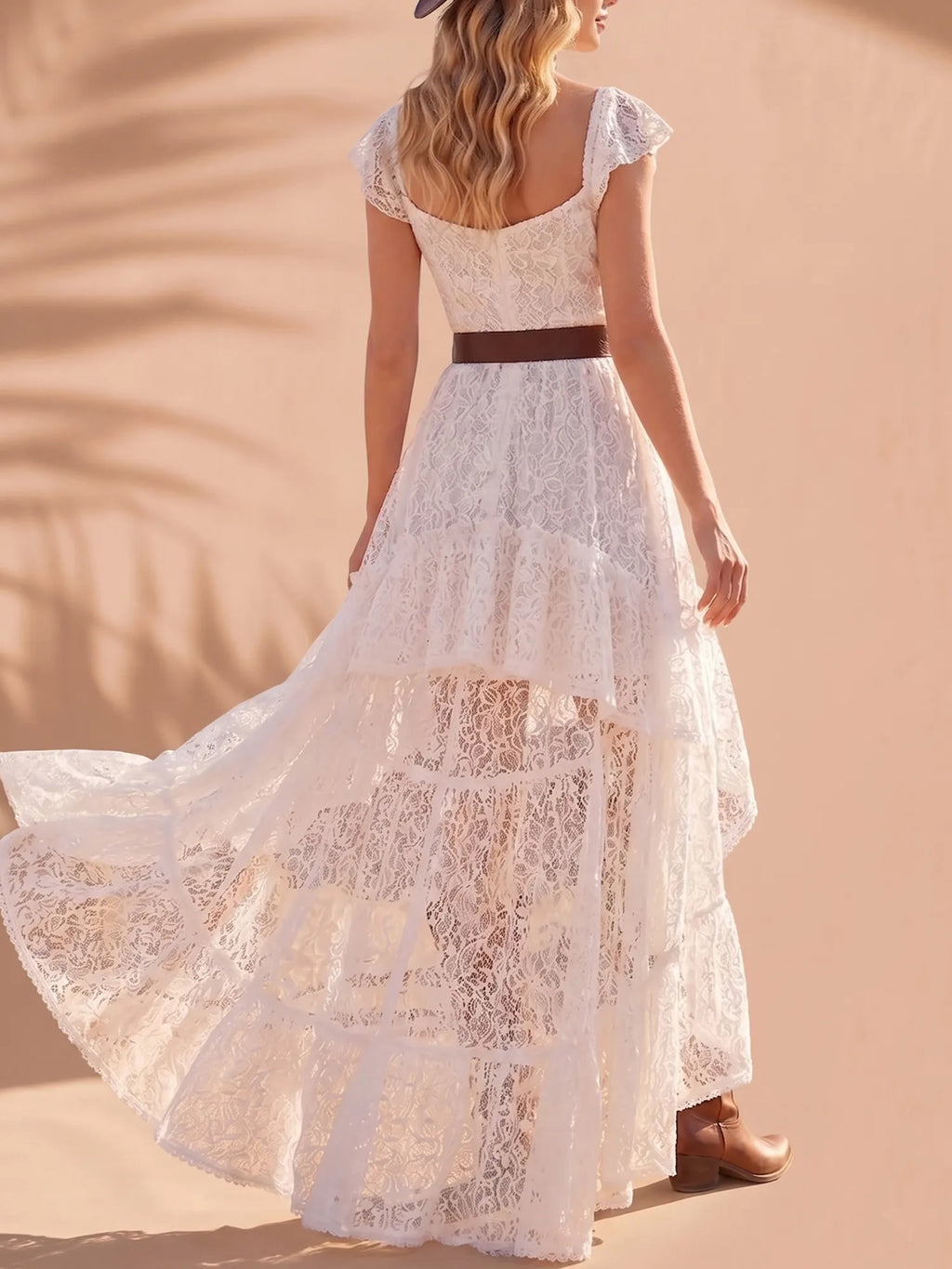 Western Maxi Dress — Ivory White All-Over Floral Lace Belted Asymmetric High-Low Maxi Dress