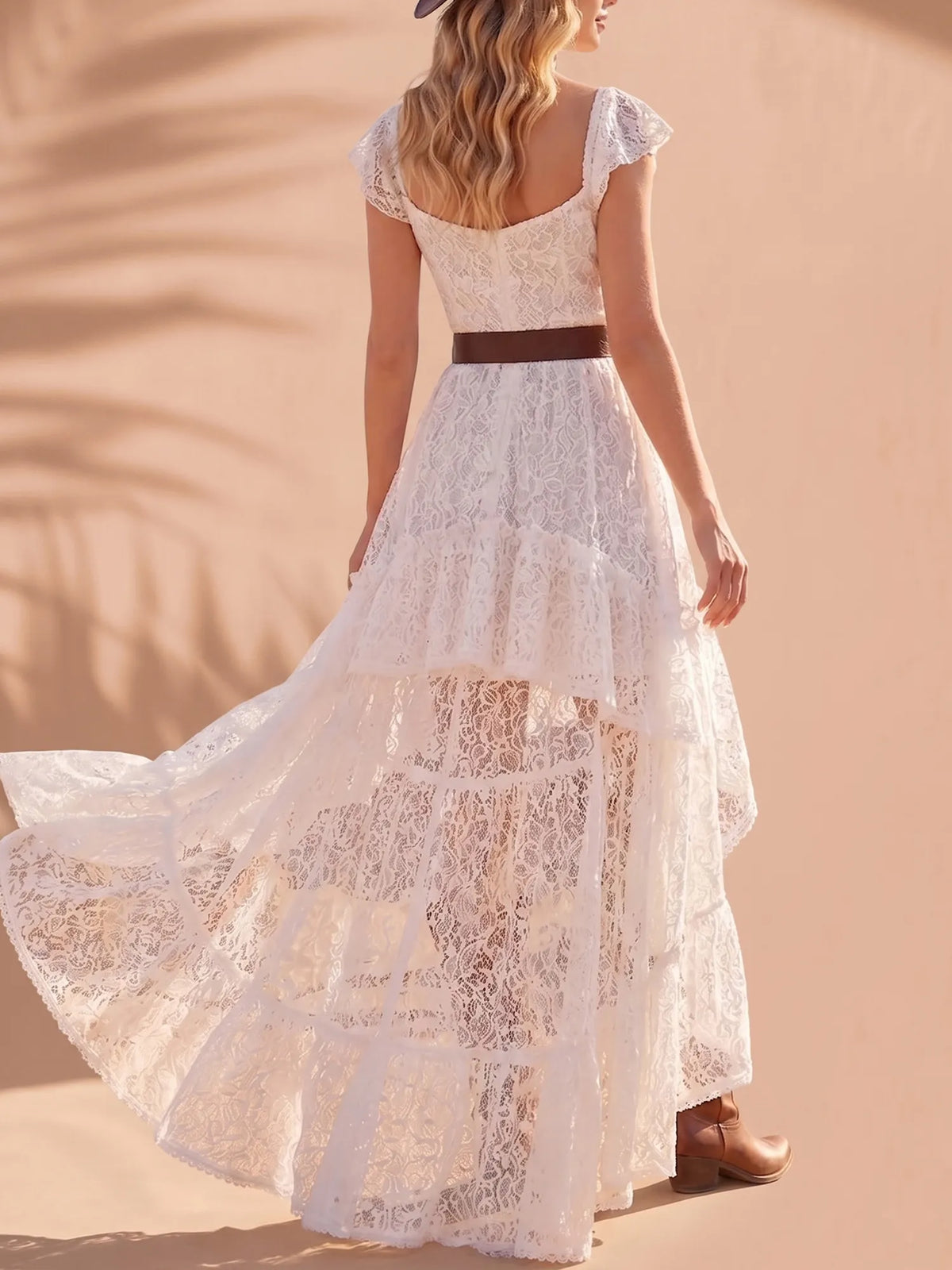 Western Maxi Dress — Ivory White All-Over Floral Lace Belted Asymmetric High-Low Maxi Dress