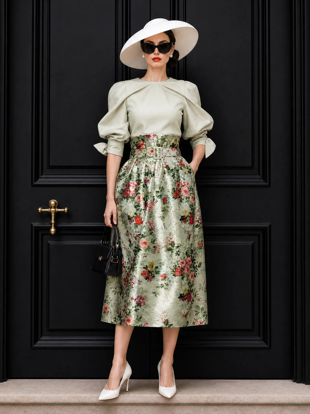 Vintage Pleated Blouse & Floral Print Skirt Two Piece Set