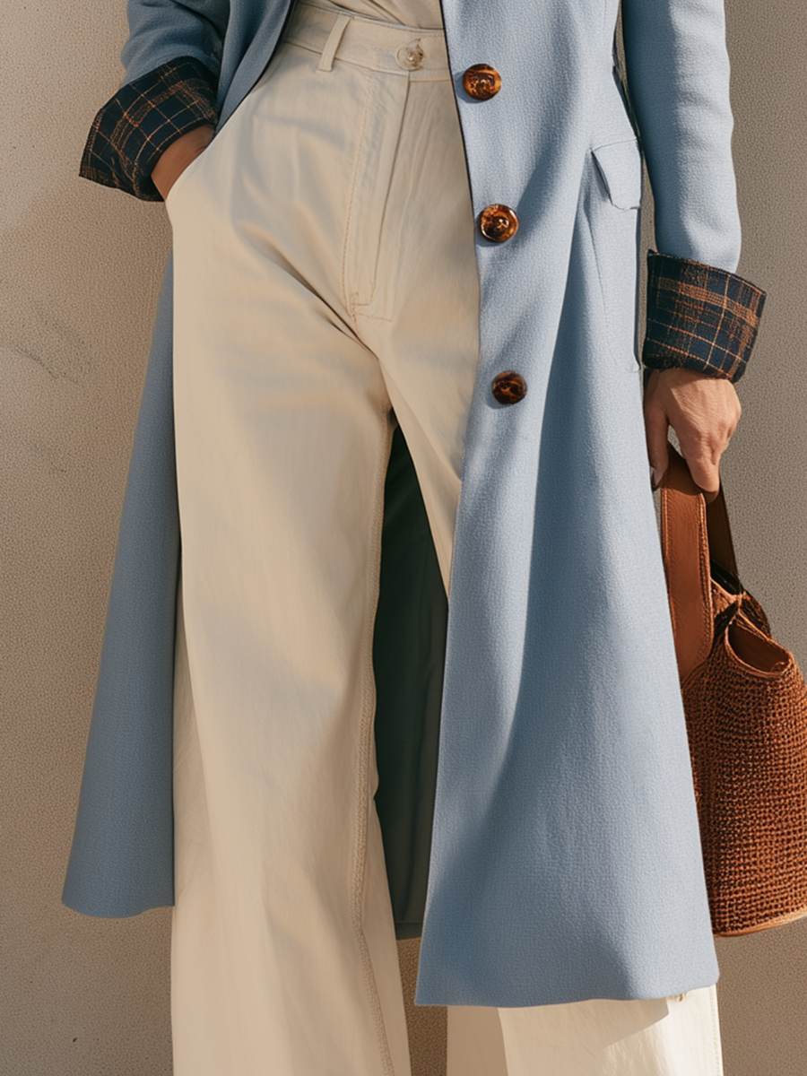 Casual Old Money Color-Block Collar Light Blue Mid-Length Coat
