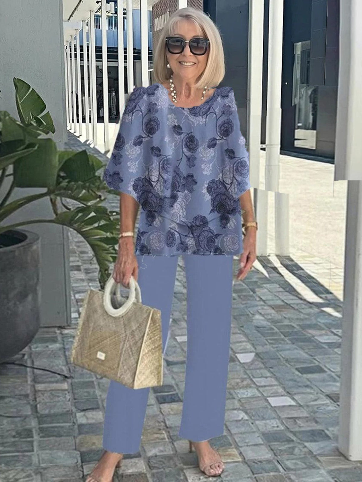 Casual Crew Neck Medium Sleeve Top Printed Floral Pants Set Two-piece Set