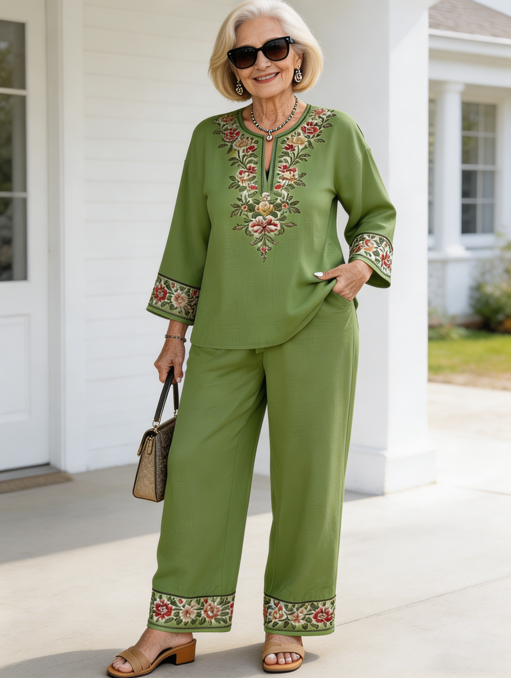 2Pcs Vacation Long-sleeved Lace Flower Long-sleeved Ethnic Style Suit