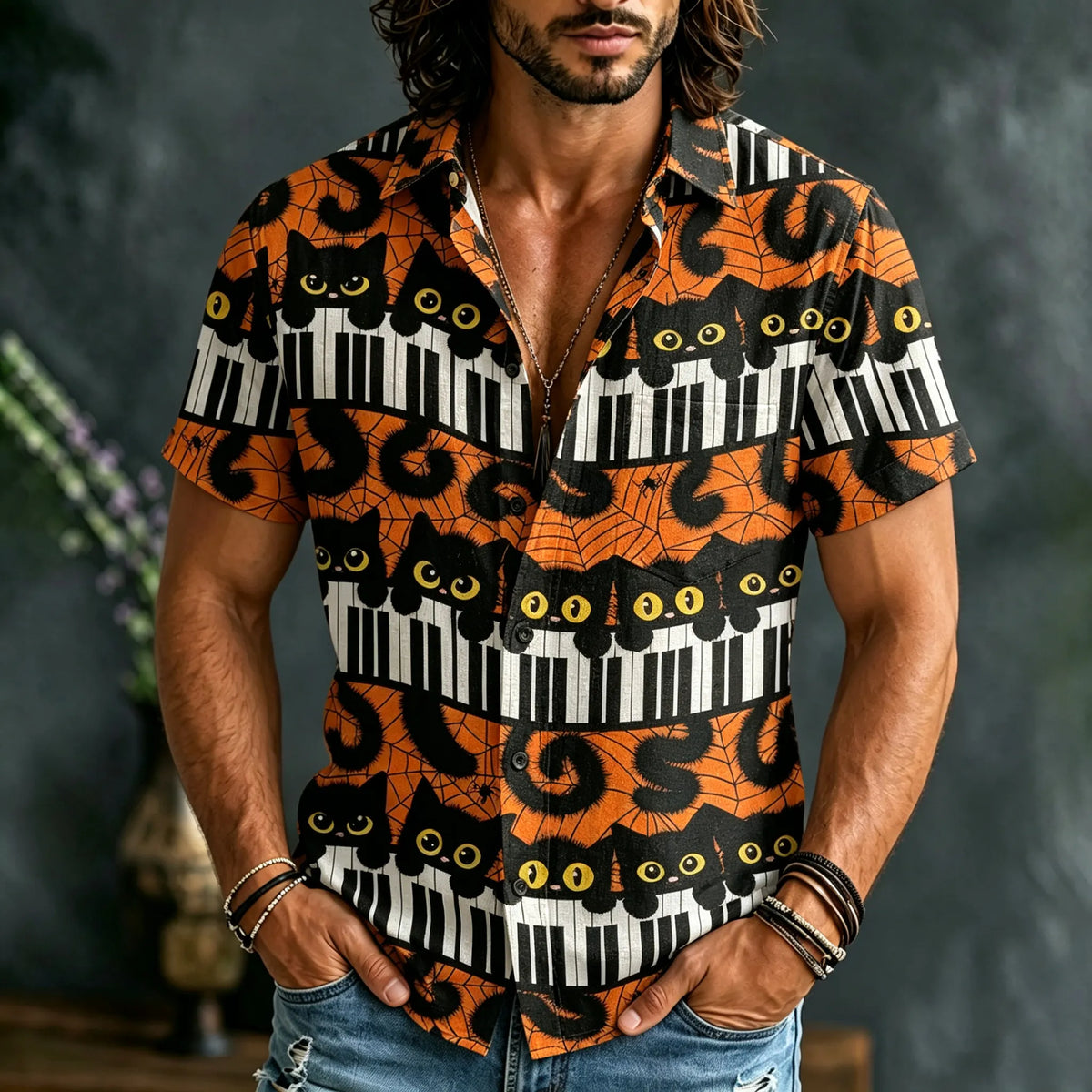 Men's Retro Halloween Black Cat Piano Print Short-sleeve Shirt