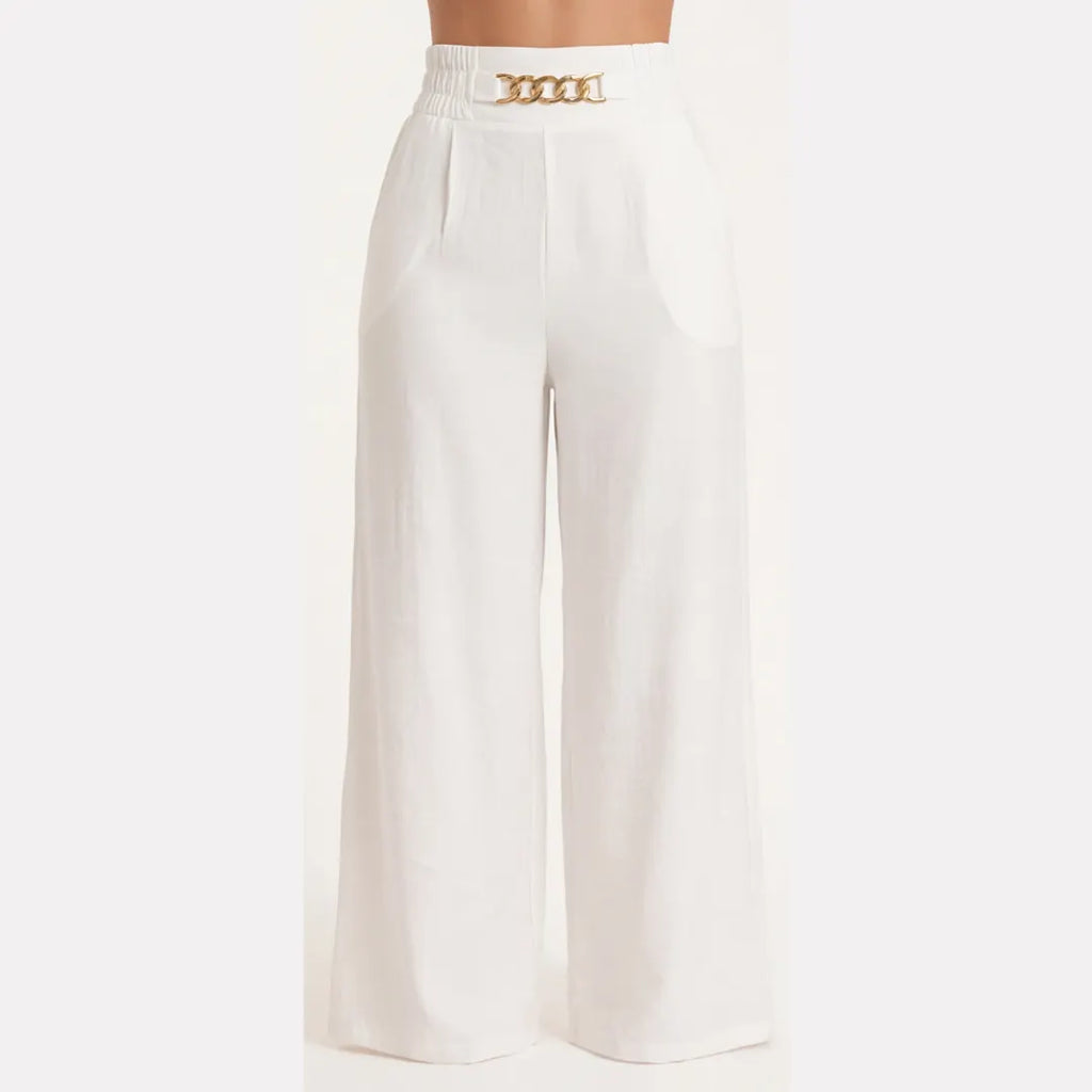 Elegant Linen Wide Leg Trousers, High Waist with Statement Chain Detail