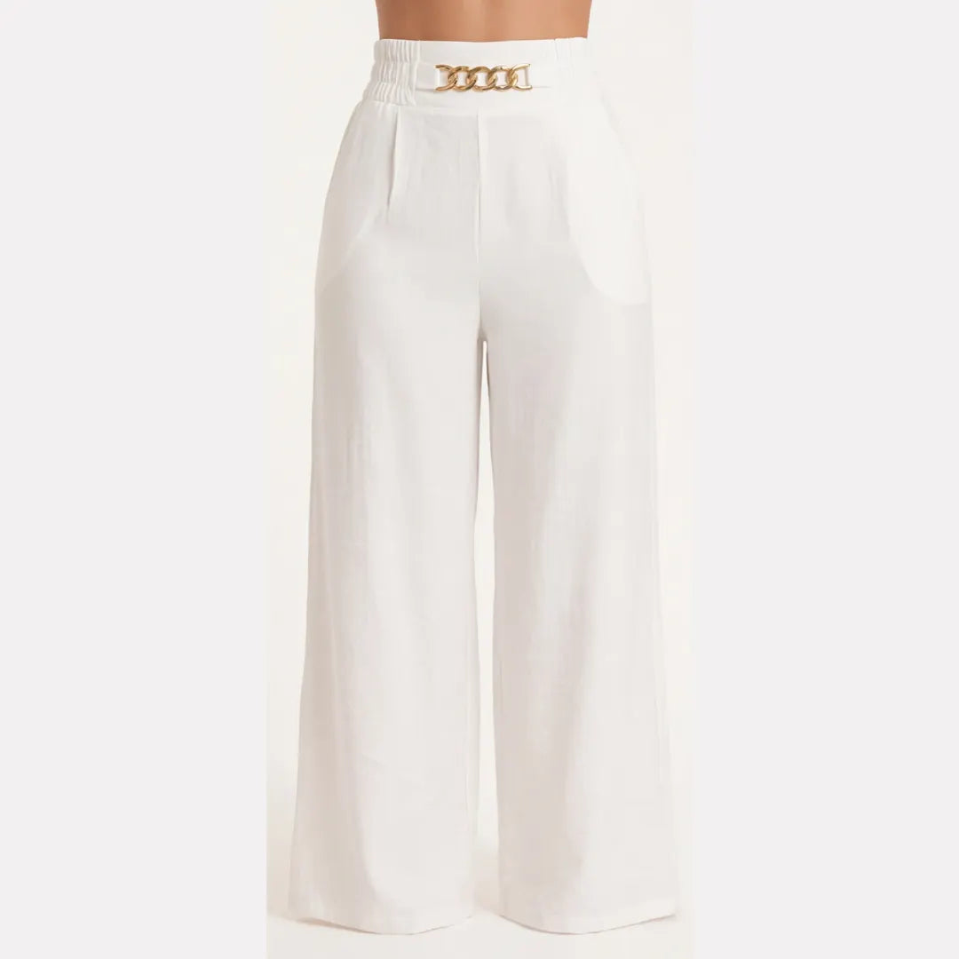 Elegant Linen Wide Leg Trousers, High Waist with Statement Chain Detail
