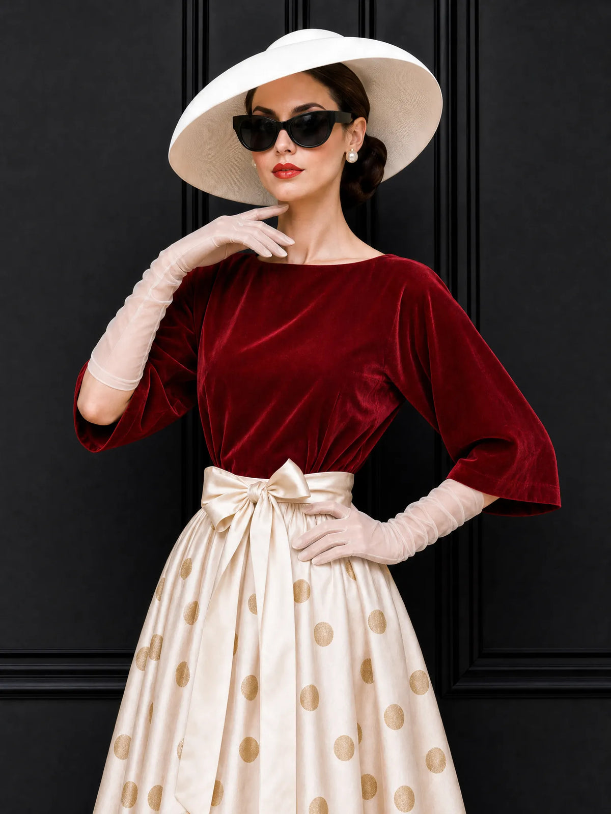 Vintage Polka Dot Velvet Panel Midi Dress
