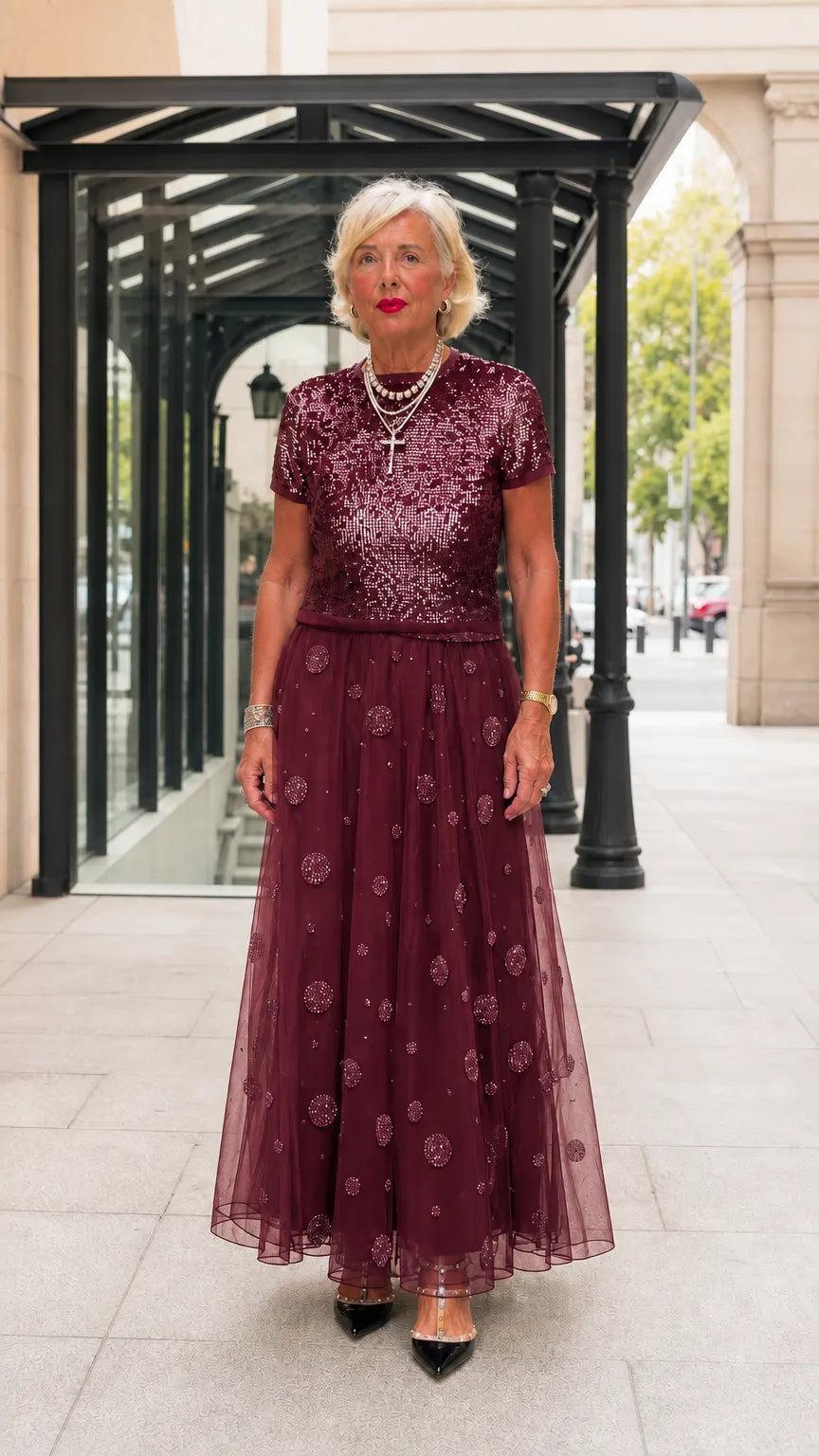 Sequined Short Sleeve Top and Embellished Tulle Maxi Skirt Evening Set