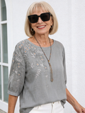 Thin Shirt Cotton and Linen Embroidered T-shirt Short Sleeve Literary and Retro Loose and Thin