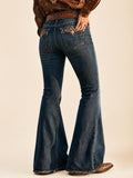 Perfect for a country music festival — Dark indigo blue, 2026 SS women's western embroidered pocket silhouette-sculpting premium stretch cotton, flare jeans