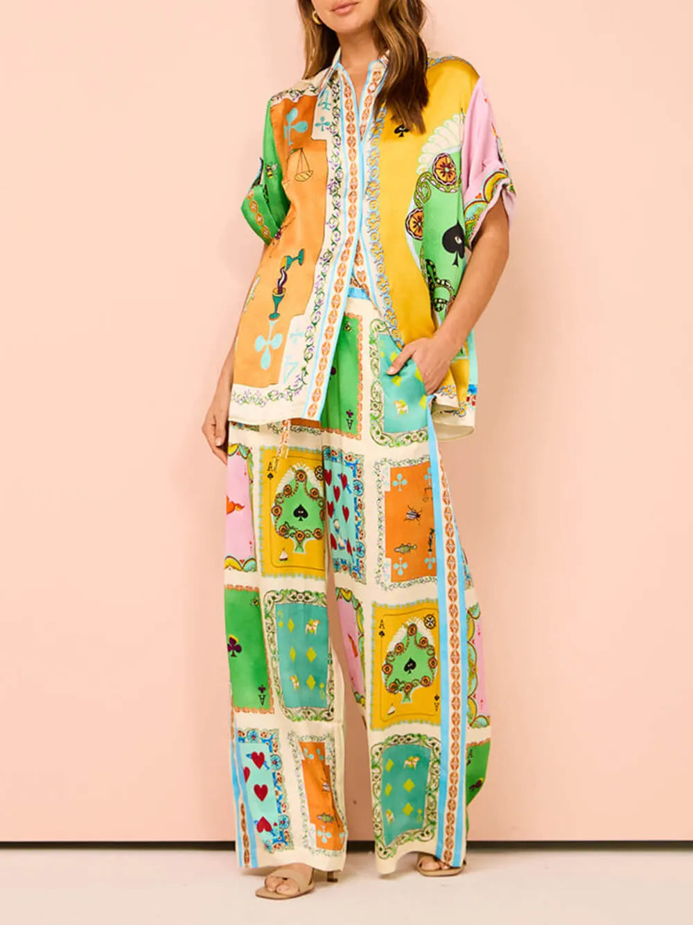 Funny Summer Unique Print Elastic Waist Pocketed Wide Leg Pants-Set