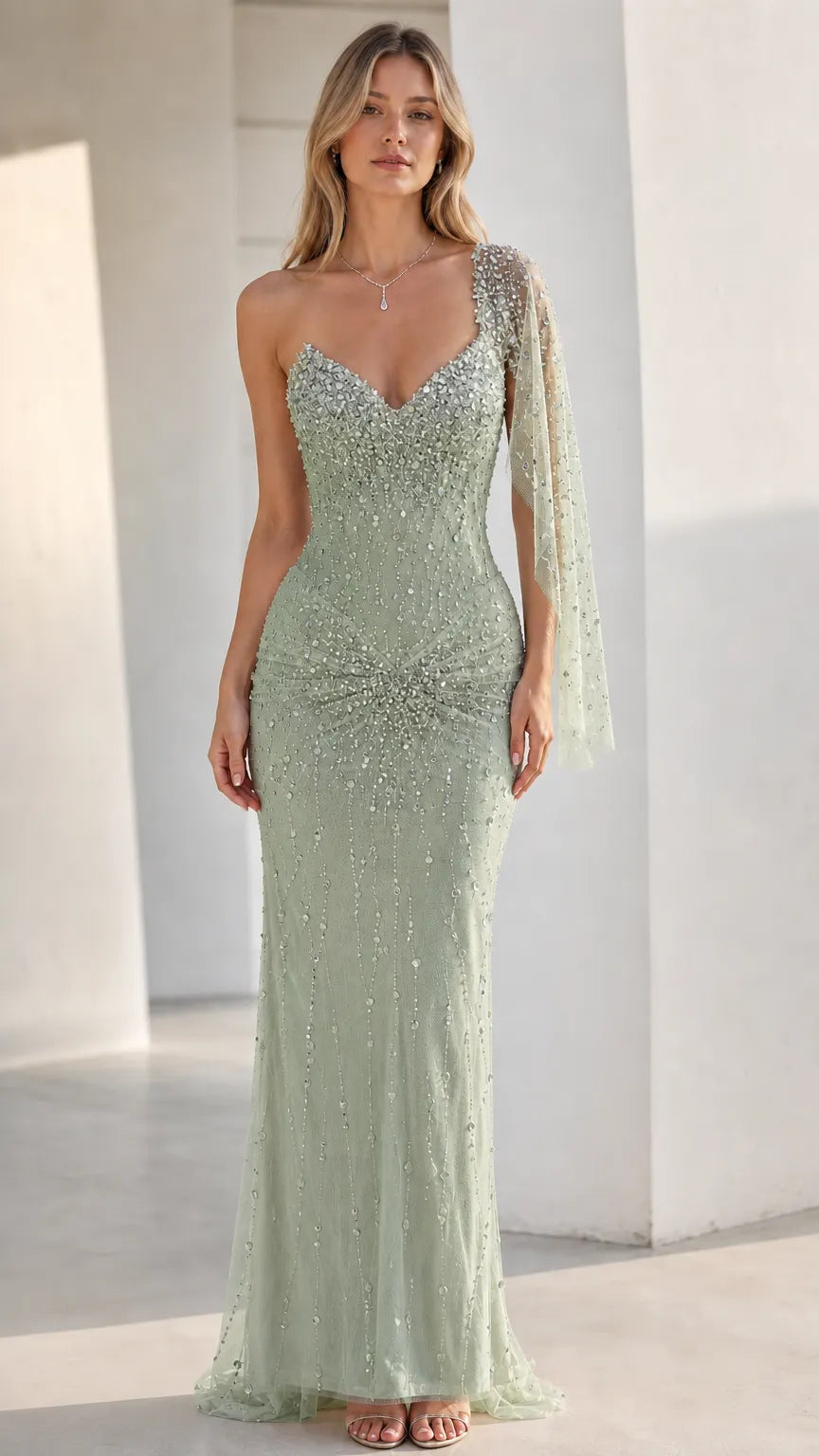 One-Shoulder Beaded Evening Gown with Draped Cape Sleeve