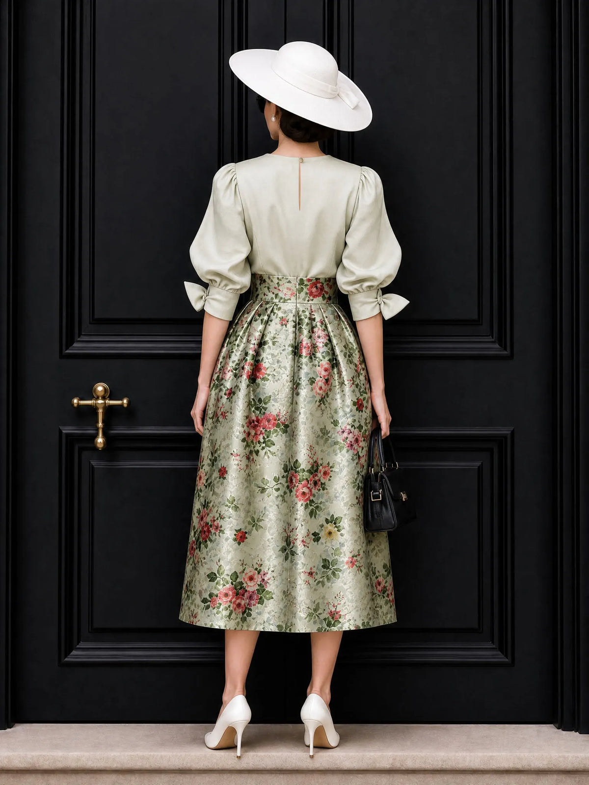 Vintage Pleated Blouse & Floral Print Skirt Two Piece Set