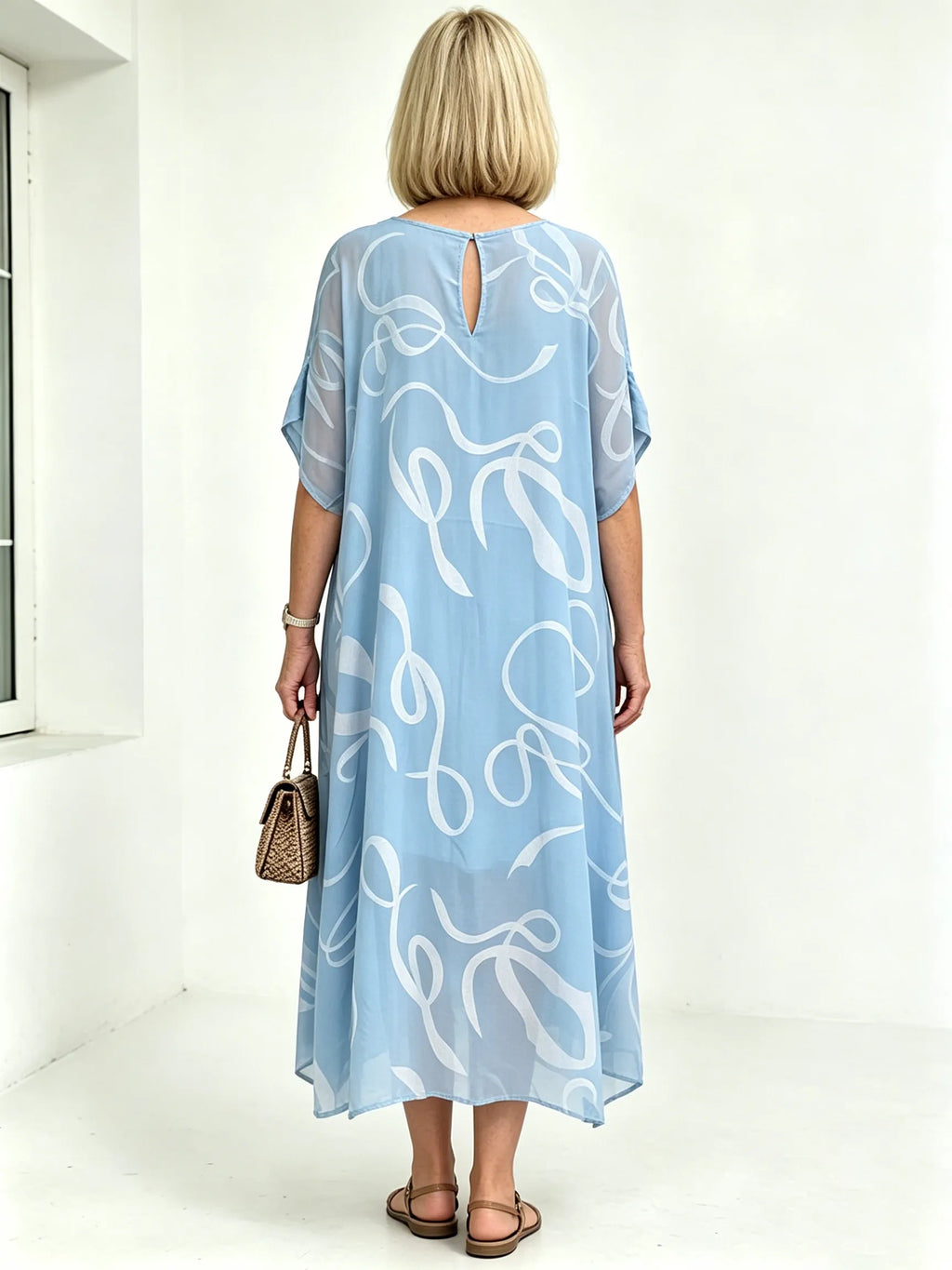 Black Abstract Print Chiffon Midi Dress, V-Neck Short Sleeve Loose Tummy Concealing Back Tie Vacation Dress for Mature Women