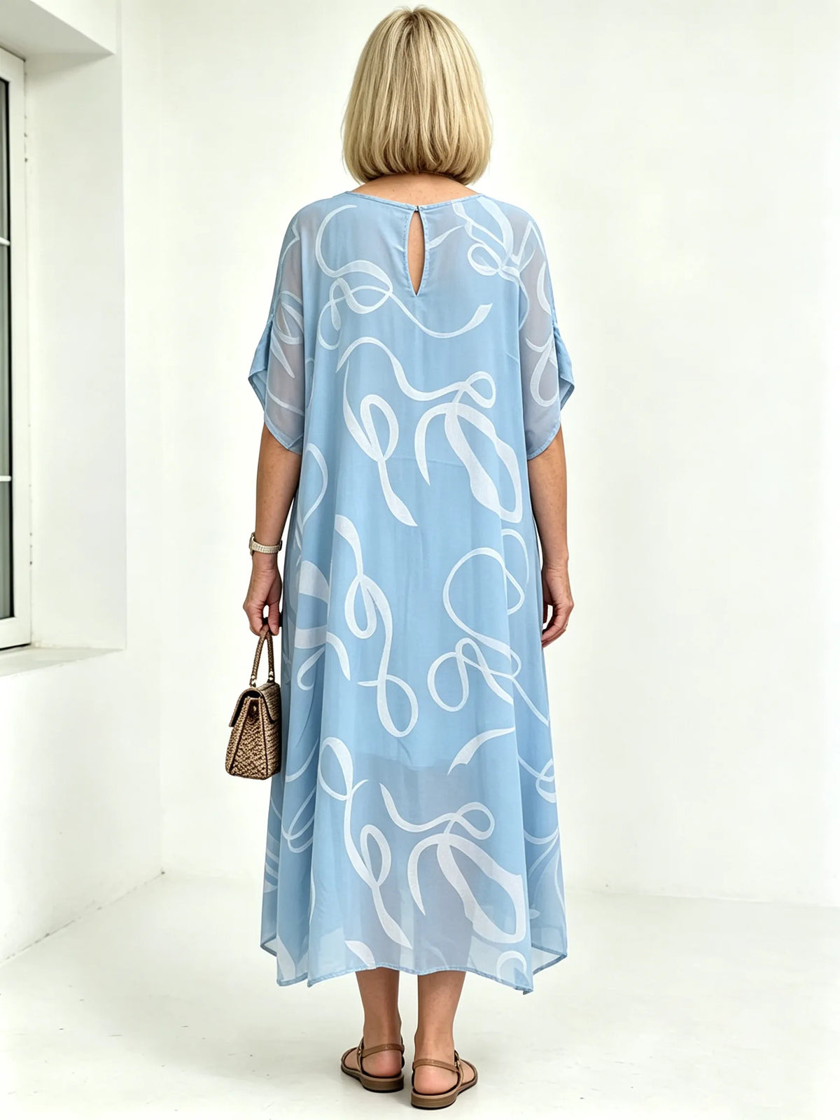 Black Abstract Print Chiffon Midi Dress, V-Neck Short Sleeve Loose Tummy Concealing Back Tie Vacation Dress for Mature Women