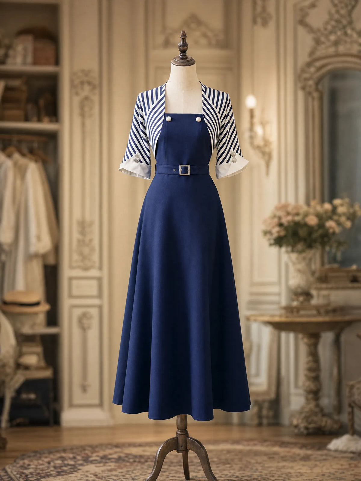 Vintage  Square Neck Belted Full Skirt Fake Two‑Piece Maxi Dress