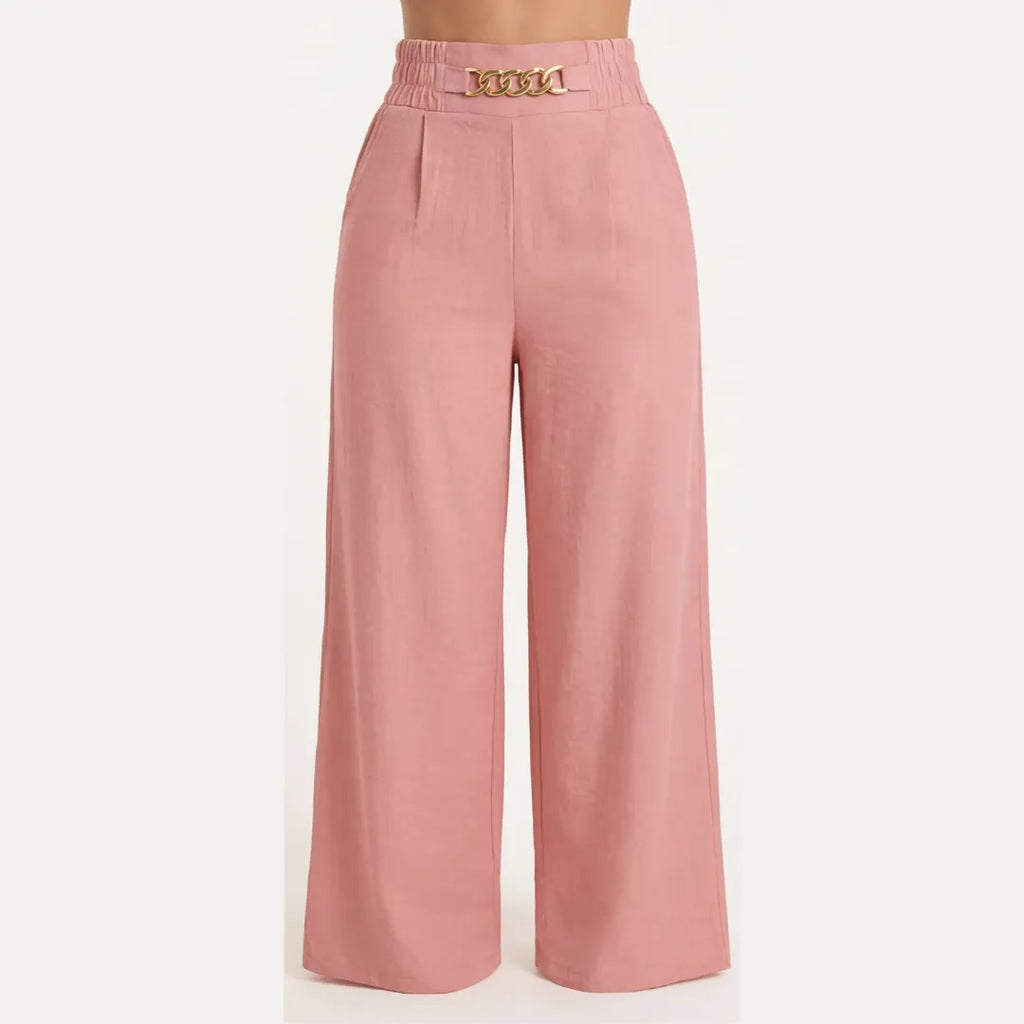 Elegant Linen Wide Leg Trousers, High Waist with Statement Chain Detail