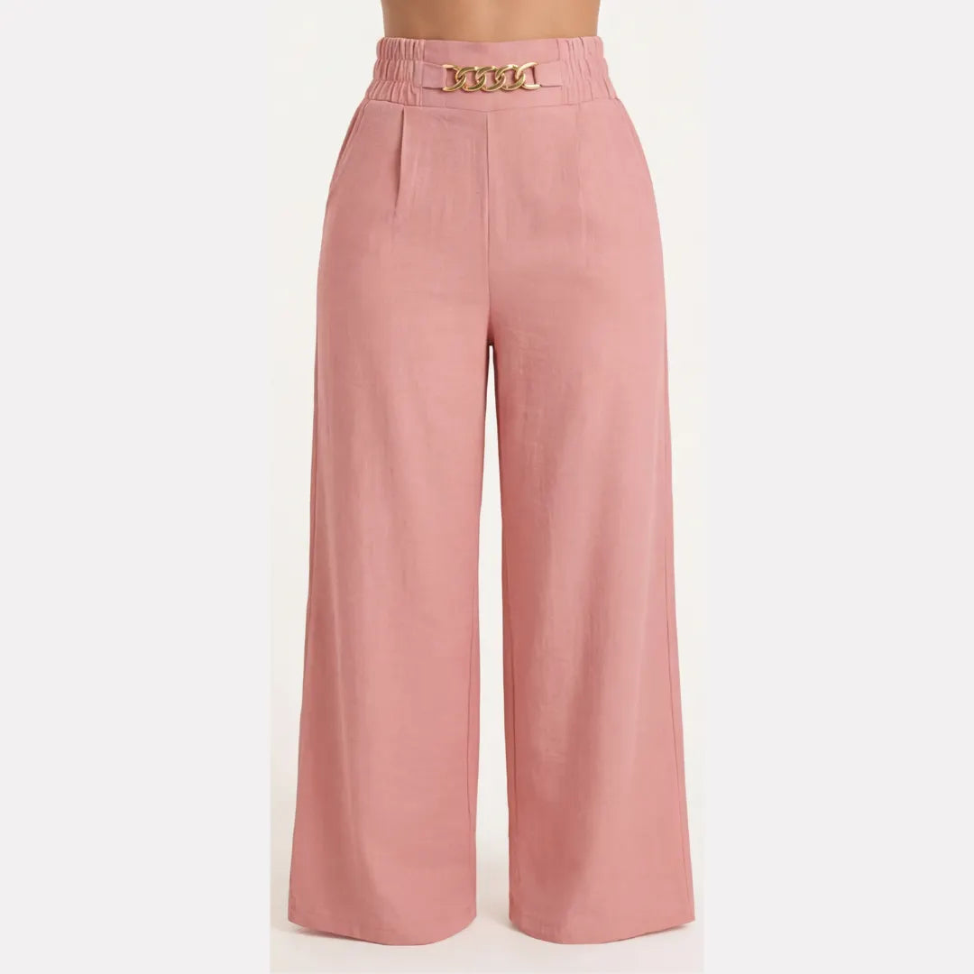 Elegant Linen Wide Leg Trousers, High Waist with Statement Chain Detail