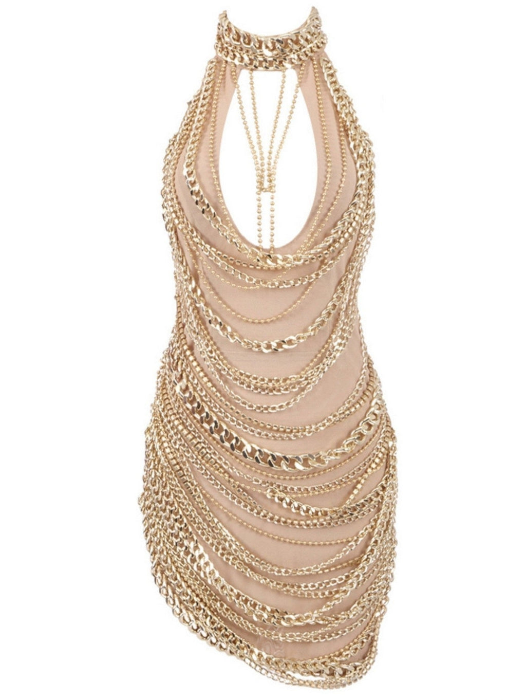 Chain-Embellished High-Neck Mini Dress in Nude