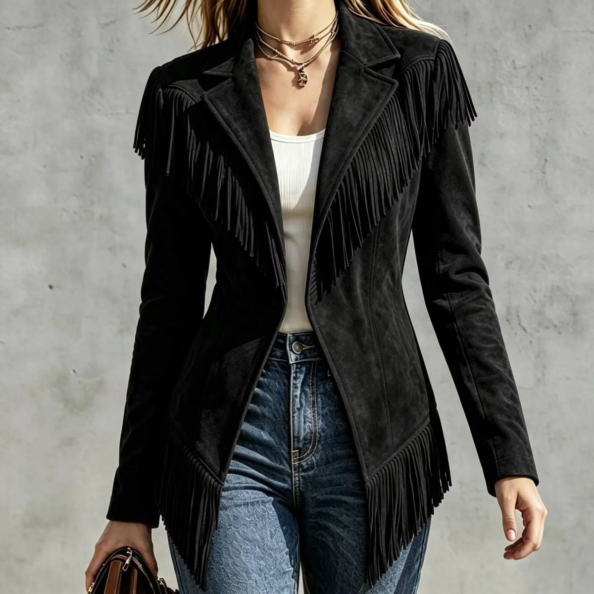 Fitted Faux‐suede Fringe Western Jacket
