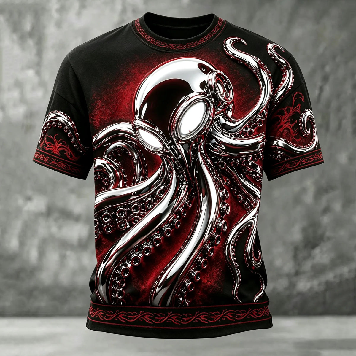 Men's Retro Dark Octopus Print Crew Neck T-shirt
