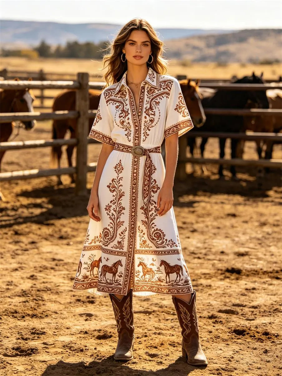 Women's Western Cowboy Cotton Printed Western-Style Midi Dress With Horse Pattern
