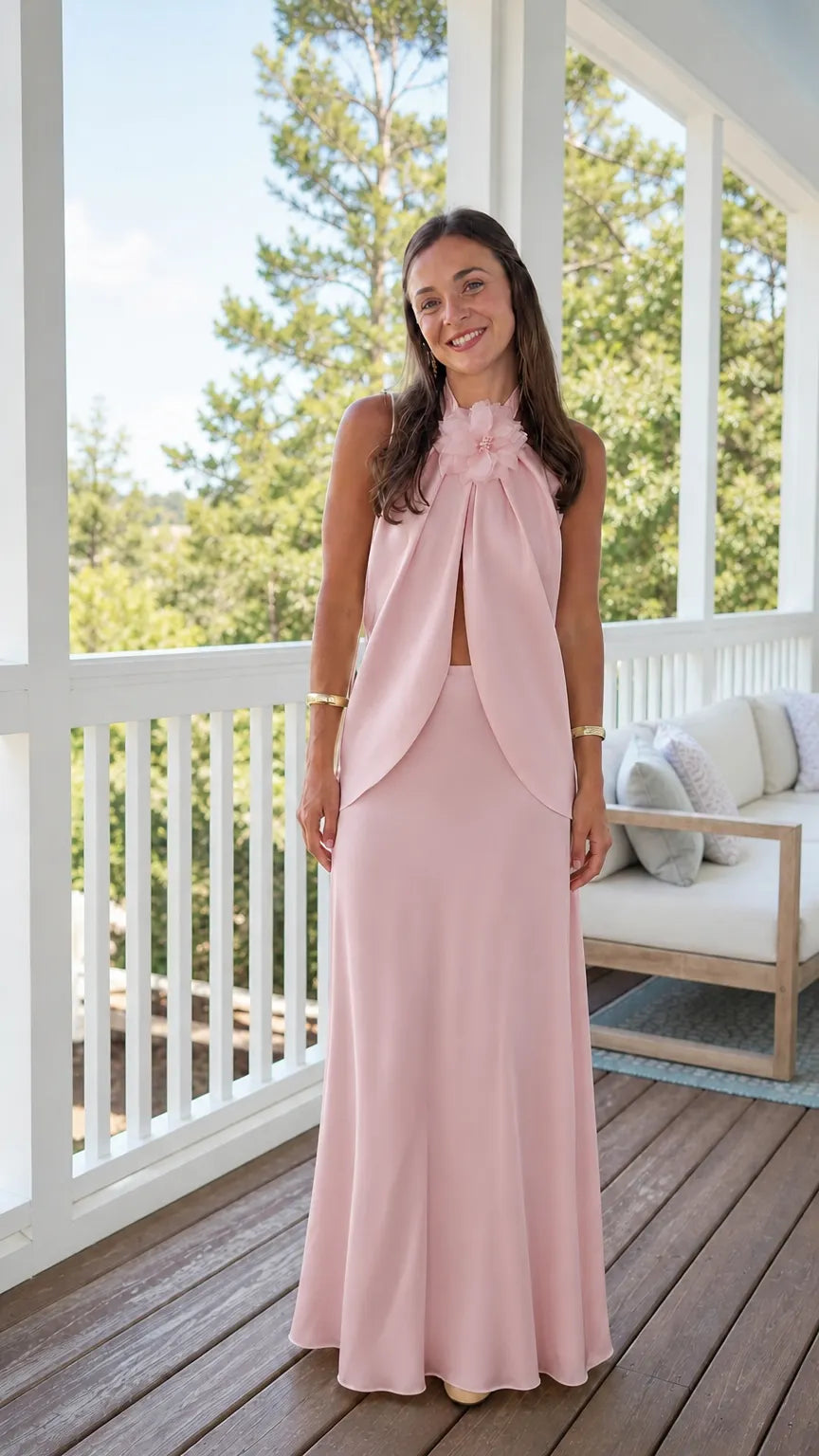 Floral Halter Neck Split Top and Maxi Skirt Two-Piece Set