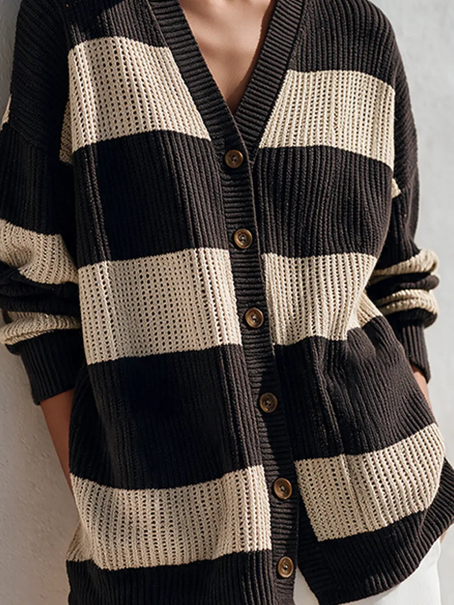 Women's Color-Block Striped V-Neck Knit Cardigan MDZ0153I4ZRK