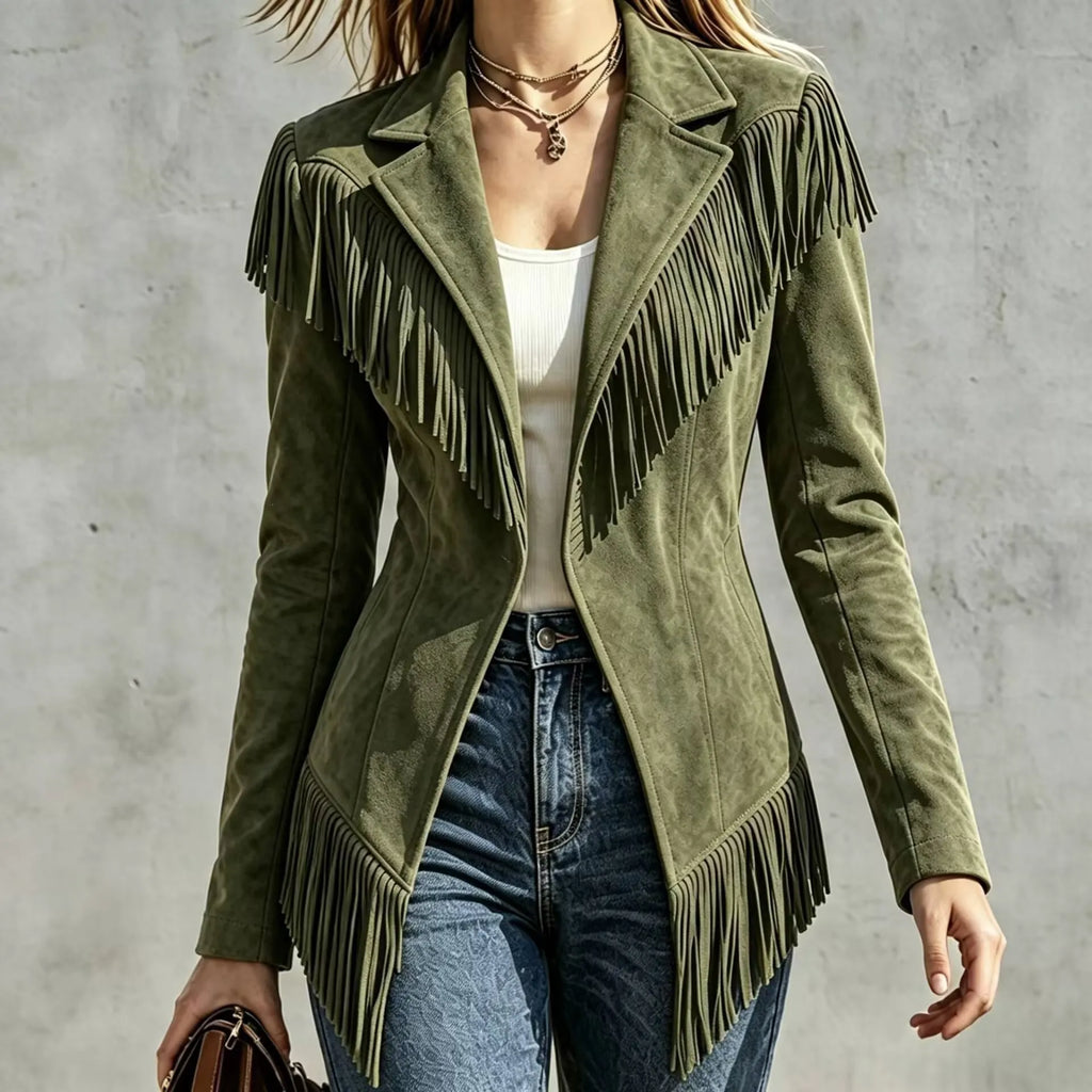 Fitted Faux‐suede Fringe Western Jacket