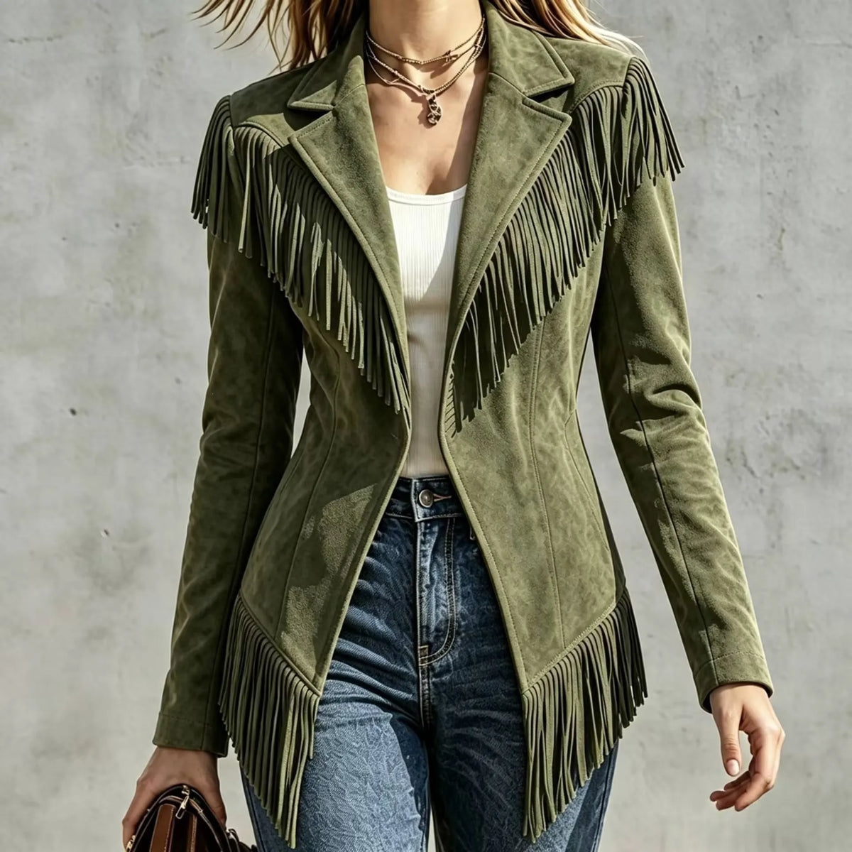 Fitted Faux‐suede Fringe Western Jacket