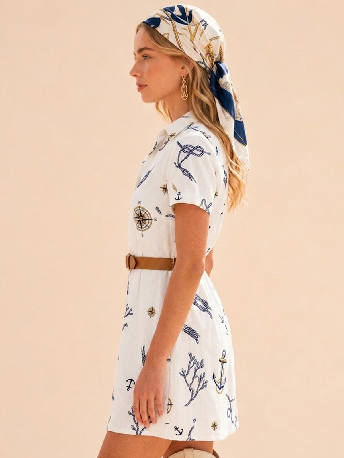 Perfect for a Mediterranean Resort Vacation — White Nautical Anchor and Rope Print Button-Down 100% Cotton Mini Dress