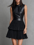 Chic Black Eco Leather & Pleated Chiffon Tiered Skirt Mini Dress