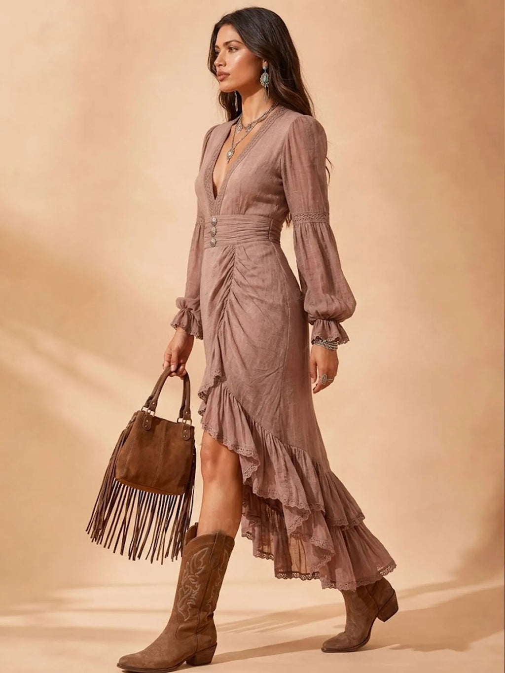 Modern Cowgirl Series — 2026 S/S Vintage Dusty Rose Bishop Sleeve Lace-Trim Maxi Dress