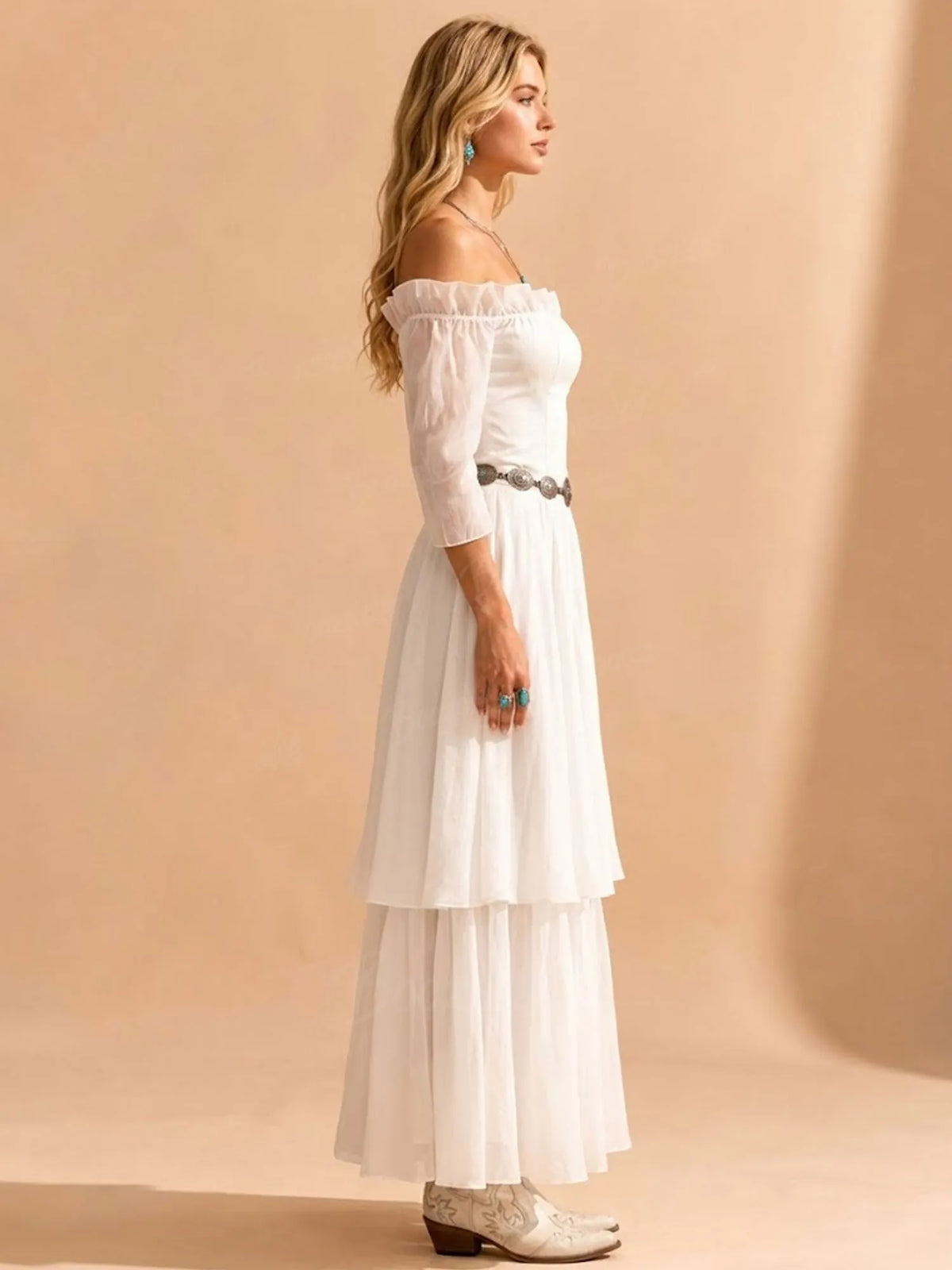 2026 S/S Romantic Muse — White Off-the-Shoulder Sheer Puff Sleeve Tiered Maxi Dress