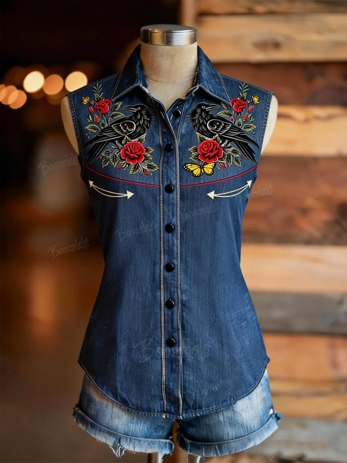 Western Raven And Floral Pattern Sleeveless Shirt - Women'S 100% Cotton