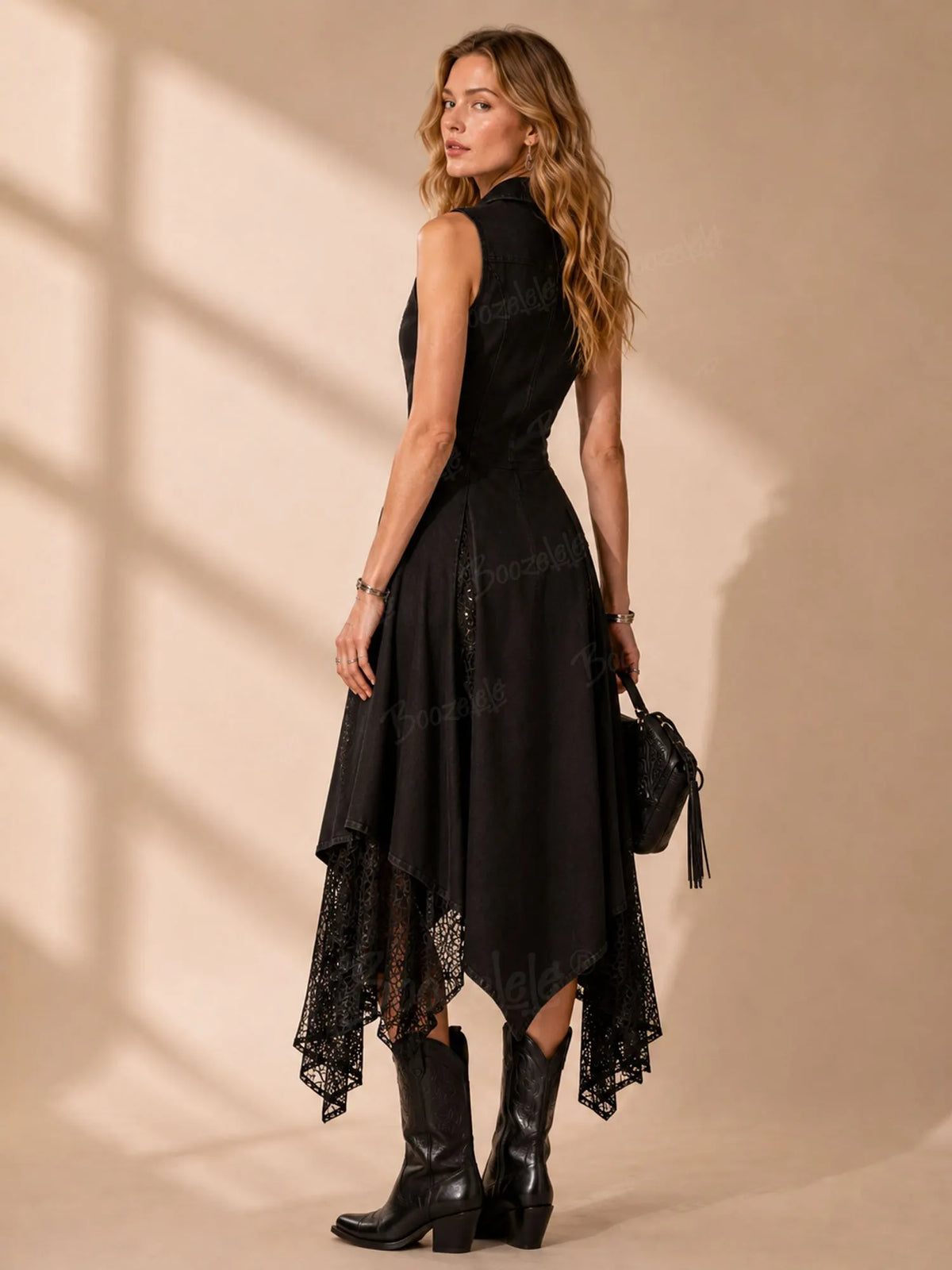 [Embroidered]Perfect for a Western Gothic Outfit — Black Cow Skull Floral Embroidered Zip-Up Asymmetric Lace Twill Midi Dress